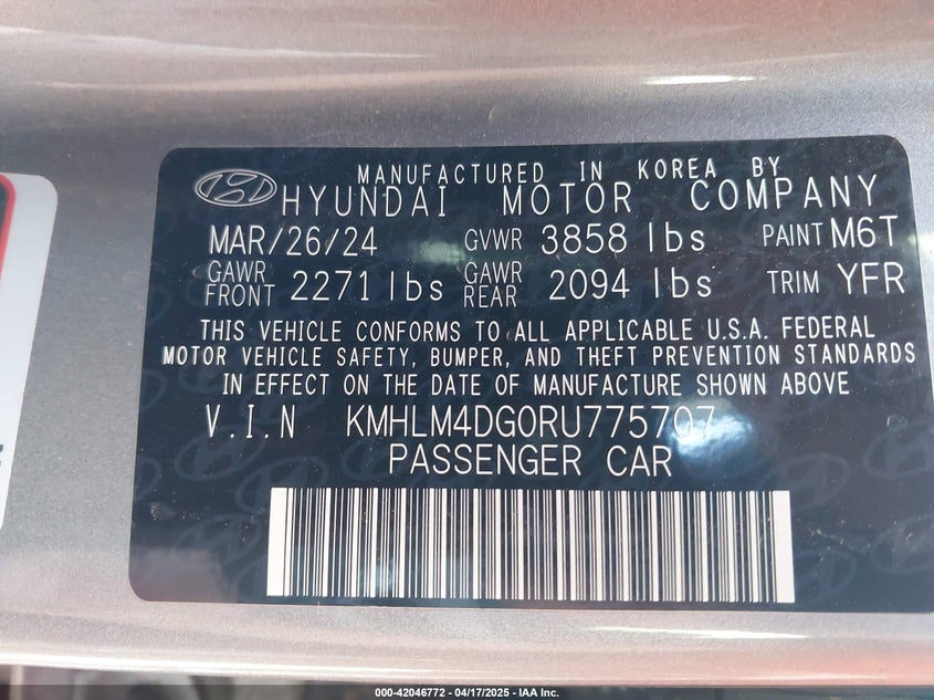 2024 HYUNDAI ELANTRA VIN: KMHLM4DG0RU775707
