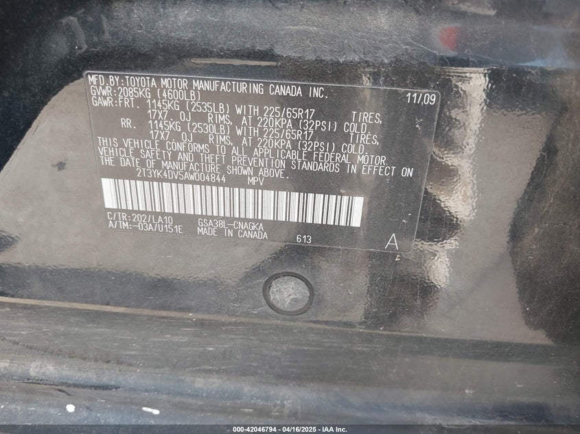 2010 TOYOTA RAV4 VIN: 2T3YK4DV5AW004844