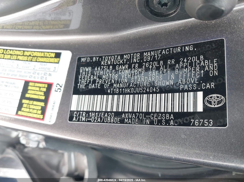 2018 TOYOTA CAMRY VIN: 4T1B11HK0JU524045
