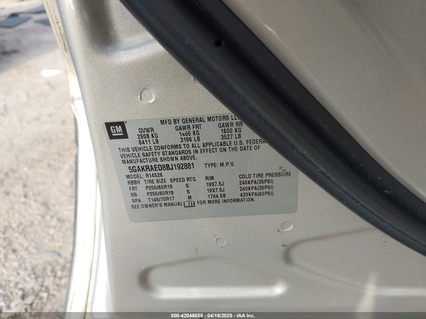 2011 BUICK ENCLAVE VIN: 5GAKRAED8BJ192881