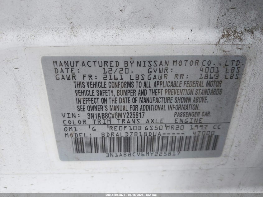 2021 NISSAN SENTRA VIN: 3N1AB8CV6MY225817