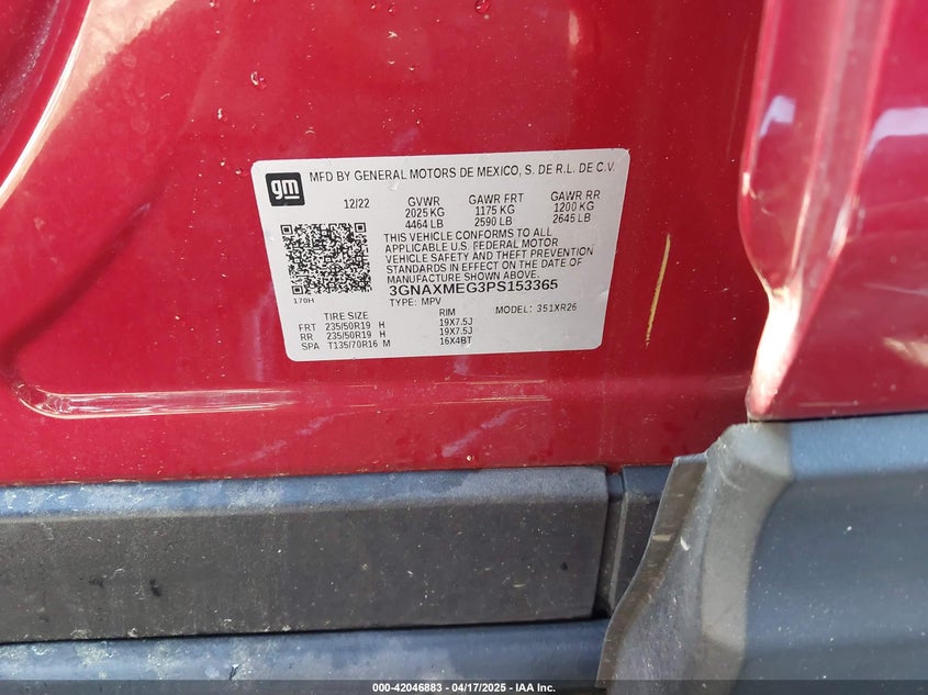2023 CHEVROLET EQUINOX VIN: 3GNAXMEG3PS153365