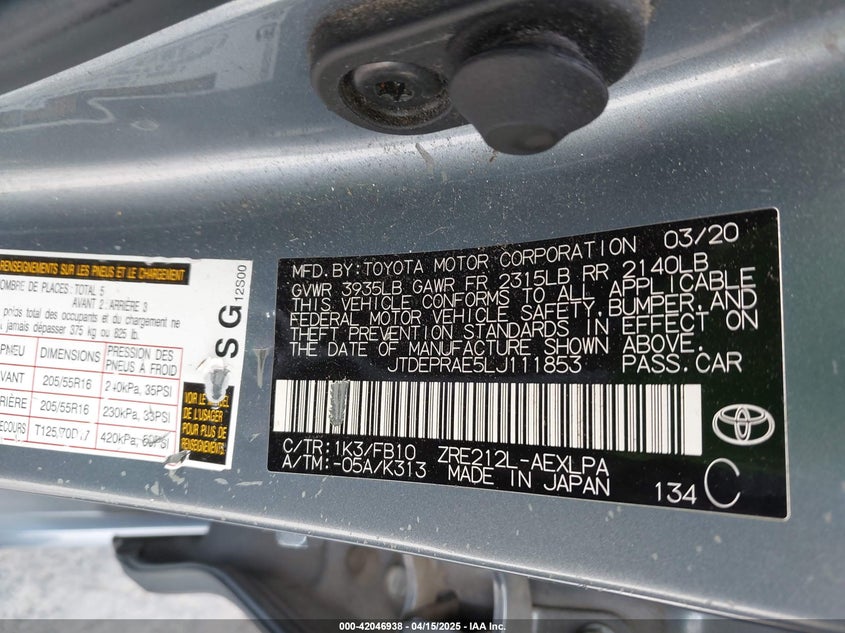 2020 TOYOTA COROLLA VIN: JTDEPRAE5LJ111853