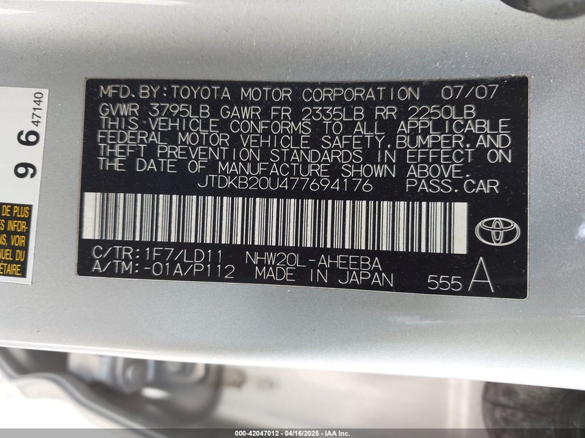 2007 TOYOTA PRIUS VIN: JTDKB20U477694176