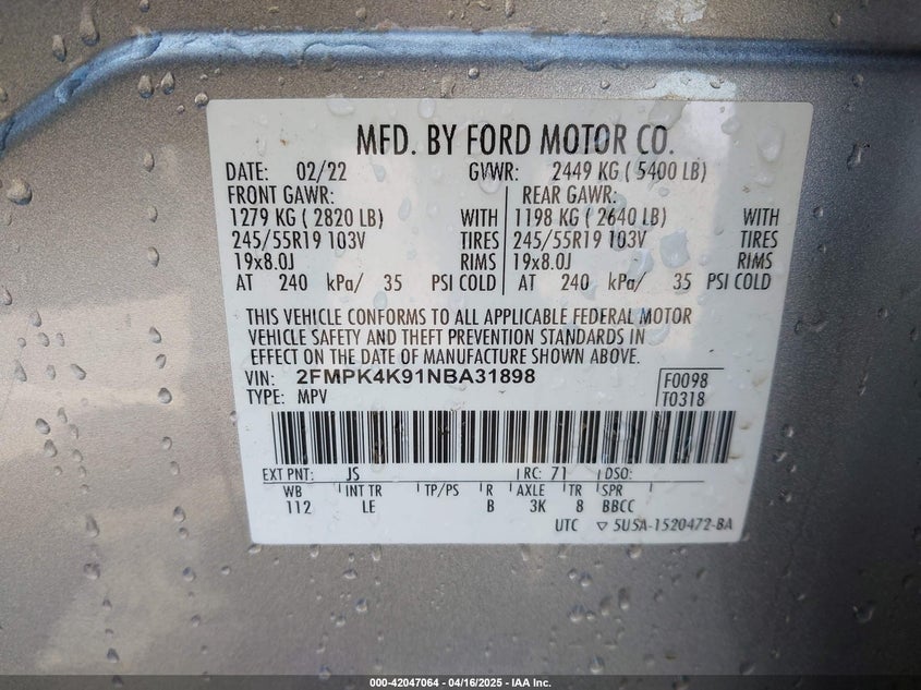 2022 FORD EDGE 2.0L I-4 DI, DOHC, V(VIN: 2FMPK4K91NBA31898
