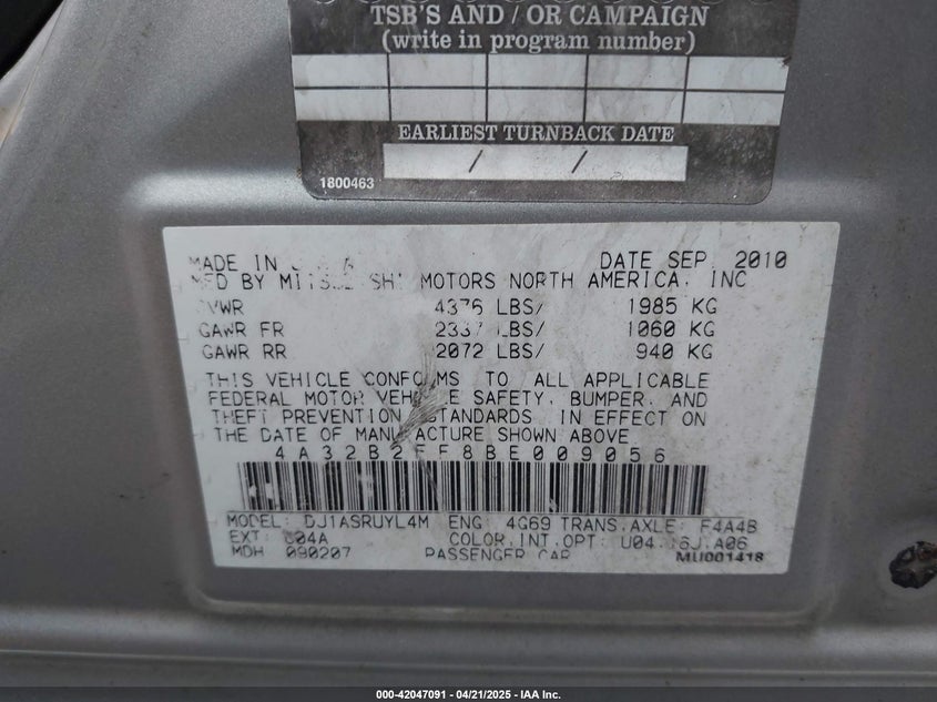 2011 MITSUBISHI GALANT VIN: 4A32B2FF8BE009056