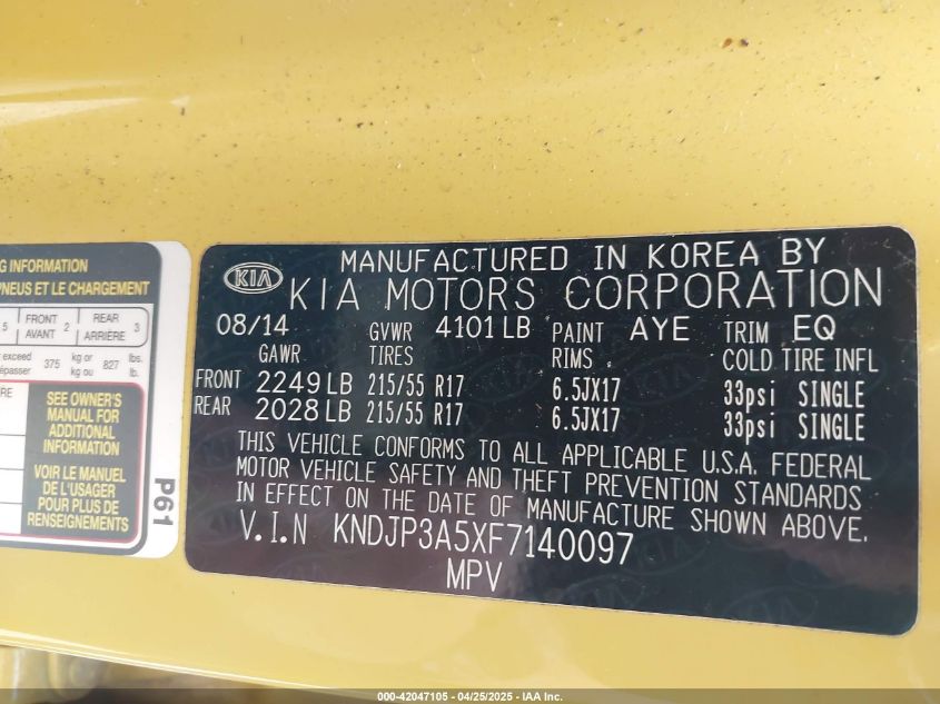 2015 Kia Soul + VIN: KNDJP3A5XF7140097 Lot: 42047105