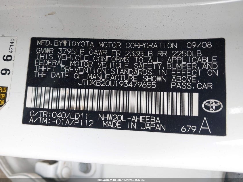 2009 TOYOTA PRIUS VIN: JTDKB20U193479655