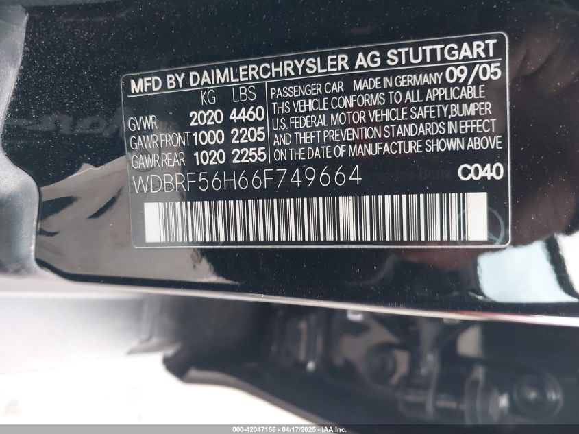 2006 Mercedes-Benz C 350 Luxury/Sport VIN: WDBRF56H66F749664 Lot: 42047156