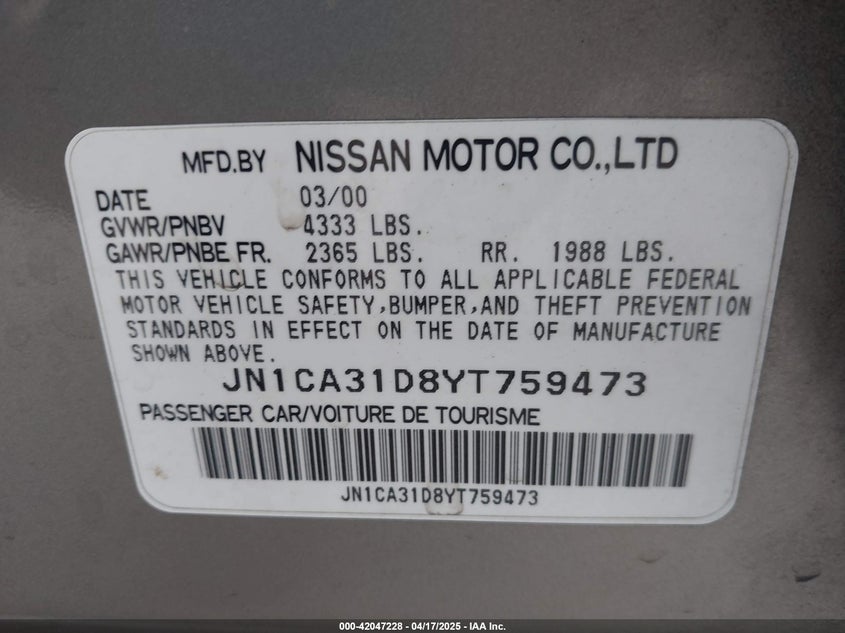 2000 Nissan Maxima Gle/Gxe/Se VIN: JN1CA31D8YT759473 Lot: 42047228