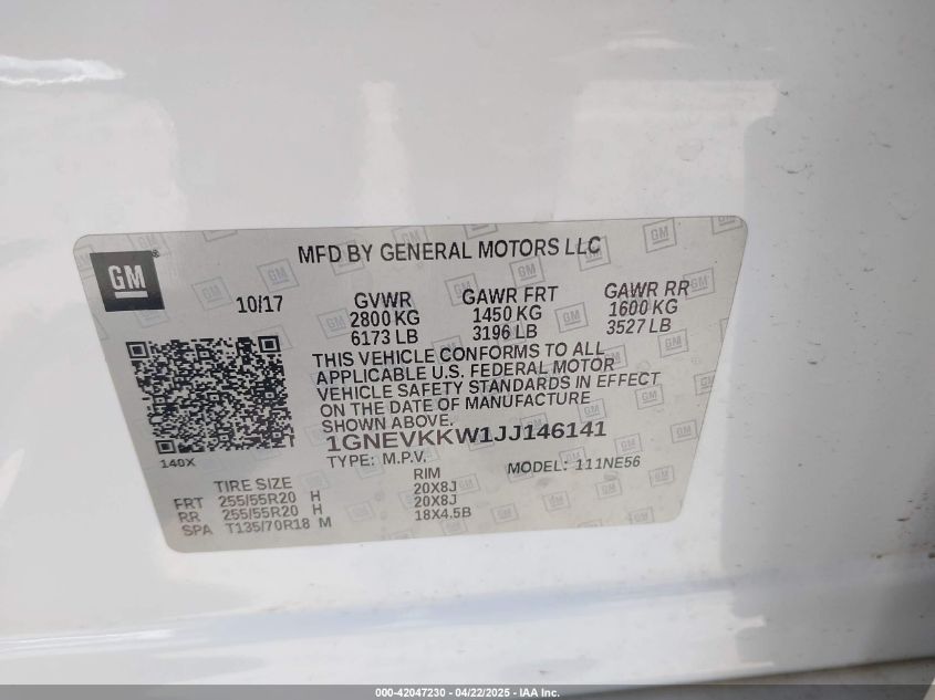 2018 Chevrolet Traverse High Country VIN: 1GNEVKKW1JJ146141 Lot: 42047230