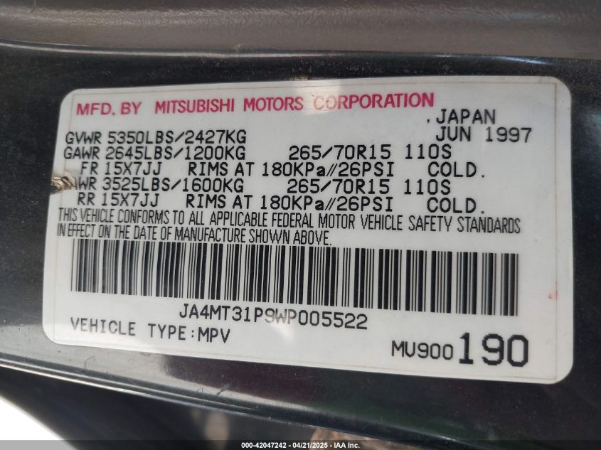 1998 Mitsubishi Montero Sport Ls VIN: JA4MT31P9WP005522 Lot: 42047242