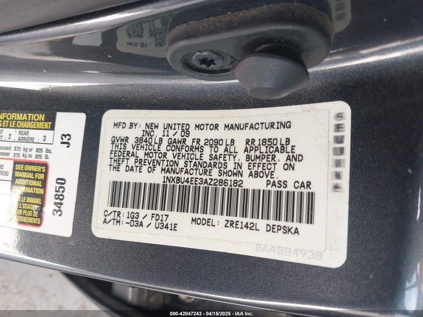 2010 TOYOTA COROLLA VIN: 1NXBU4EE3AZ286182