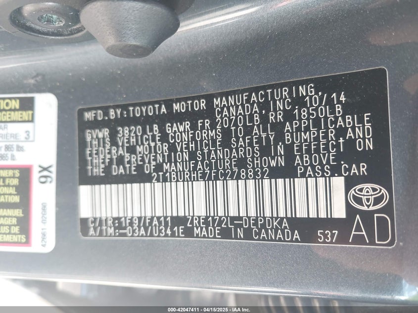 2015 TOYOTA COROLLA VIN: 2T1BURHE7FC278832