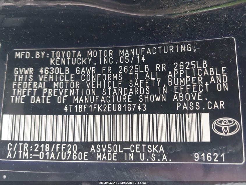 2014 TOYOTA CAMRY VIN: 4T1BF1FK2EU816743