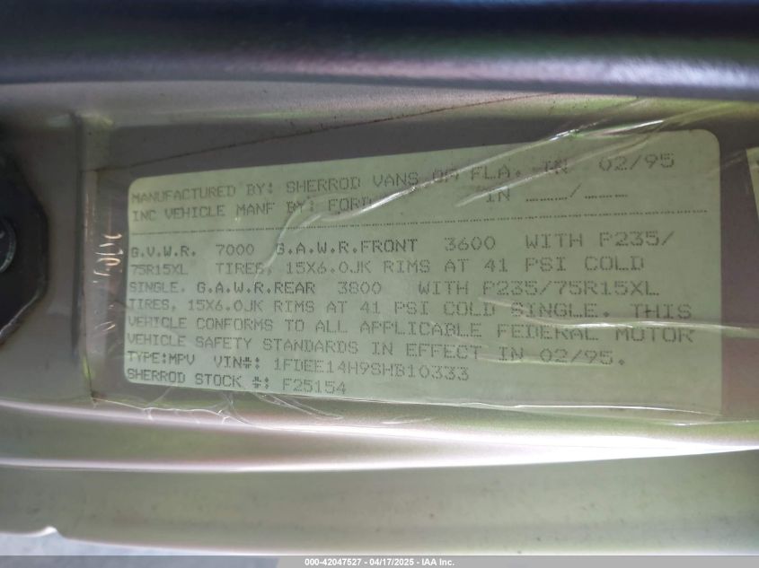 1995 Ford Econoline E150 Van VIN: 1FDEE14H9SHB10333 Lot: 42047527