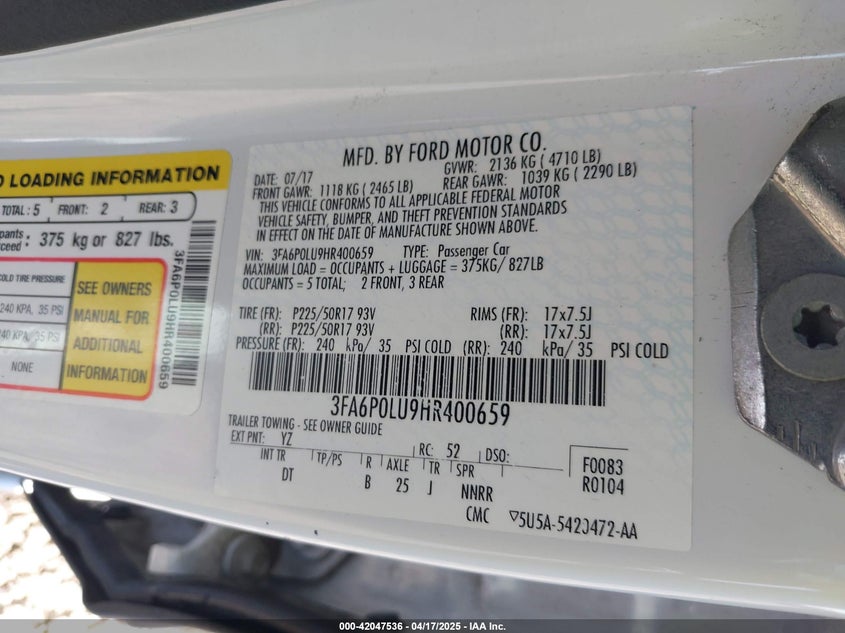 2017 FORD FUSION HYBRID SE - 3FA6P0LU9HR400659