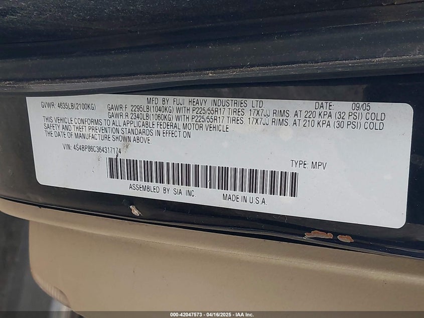 2006 SUBARU OUTBACK VIN: 4S4BP86C364317174