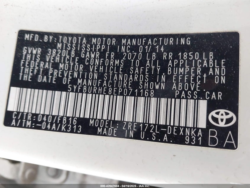 2014 TOYOTA COROLLA VIN: 5YFBURHE8EP071168