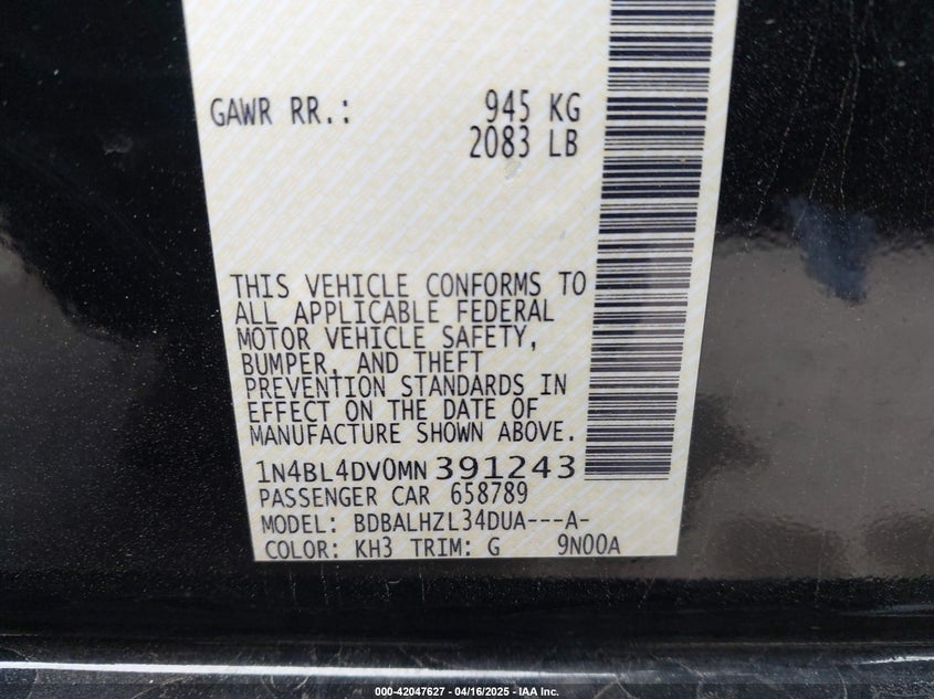 2021 NISSAN ALTIMA VIN: 1N4BL4DV0MN391243