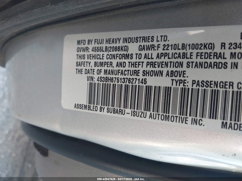 2003 Subaru Outback VIN: 4S3BH675137627145 Lot: 42047629