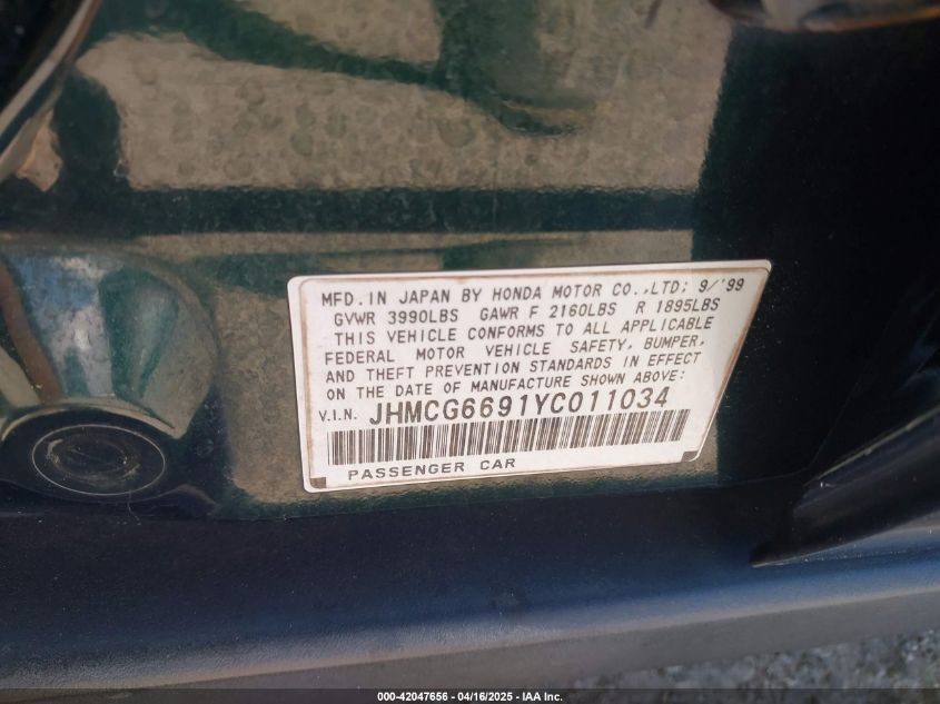 2000 Honda Accord 2.3 Se VIN: JHMCG6691YC011034 Lot: 42047656