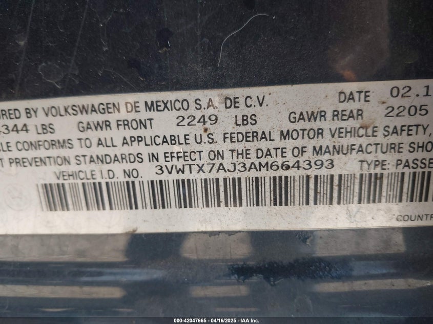 2010 Volkswagen Jetta Se VIN: 3VWTX7AJ3AM664393 Lot: 42047665