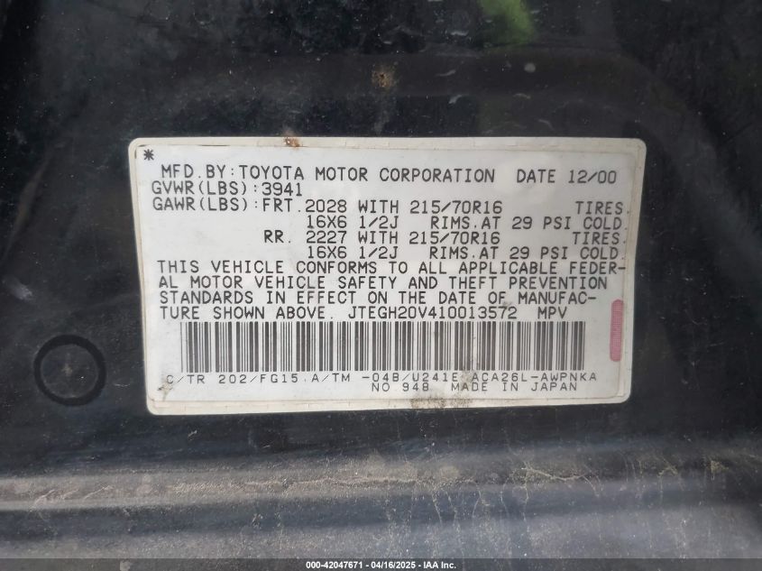 2001 Toyota Rav4 VIN: JTEGH20V410013572 Lot: 42047671