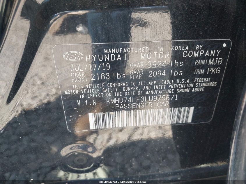 2020 Hyundai Elantra Se VIN: KMHD74LF3LU975671 Lot: 42047741