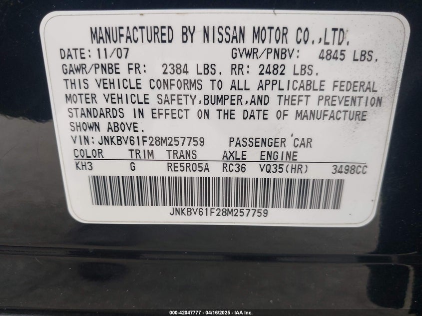 2008 INFINITI G35X VIN: JNKBV61F28M257759