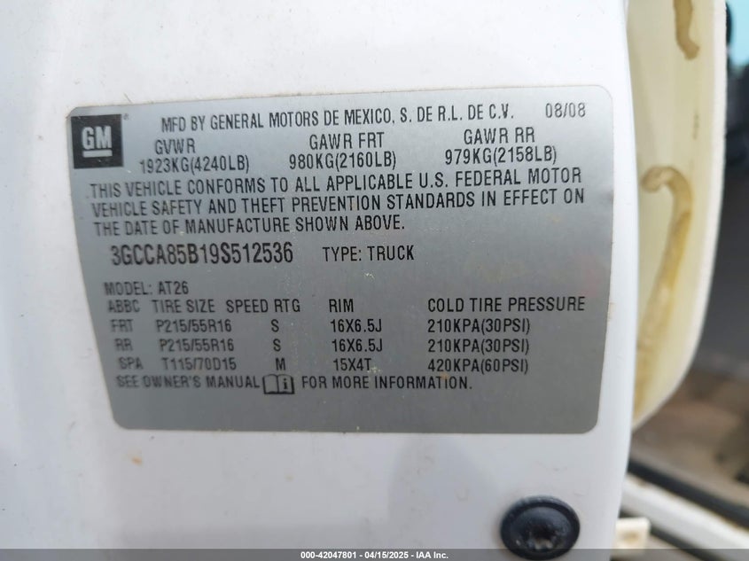 2009 CHEVROLET HHR PANEL VIN: 3GCCA85B19S512536