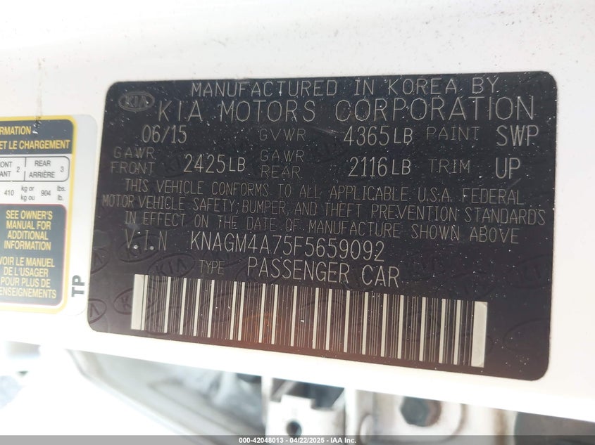 2015 KIA OPTIMA VIN: KNAGM4A75F5659092