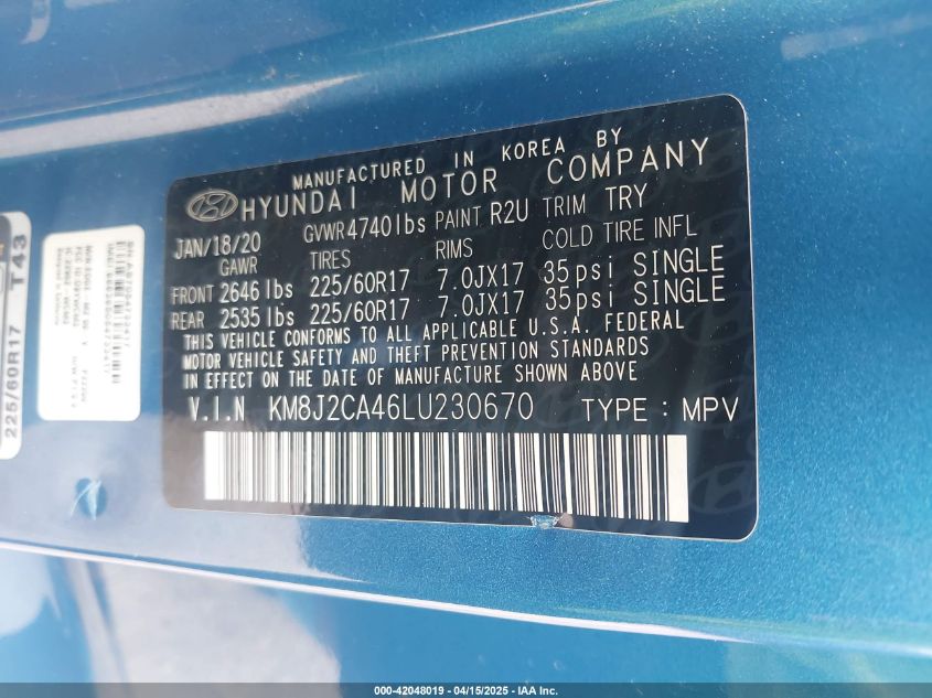 2020 Hyundai Tucson Se VIN: KM8J2CA46LU230670 Lot: 42048019