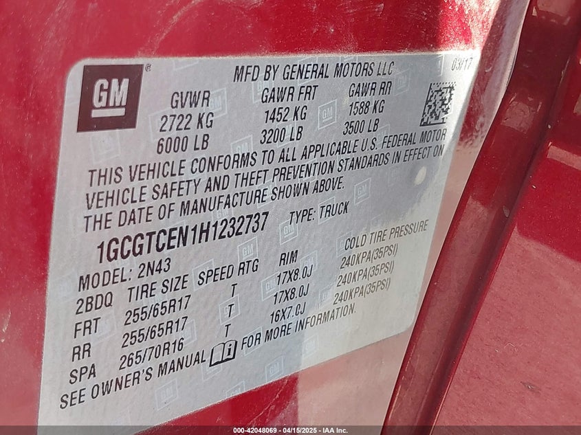 2017 CHEVROLET COLORADO VIN: 1GCGTCEN1H1232737