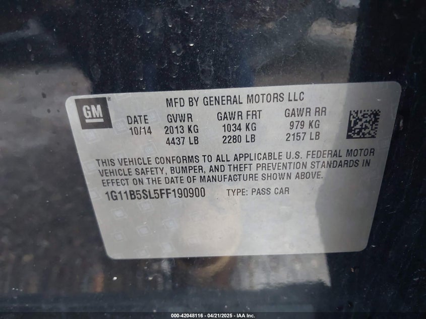 2015 CHEVROLET MALIBU VIN: 1G11B5SL5FF190900