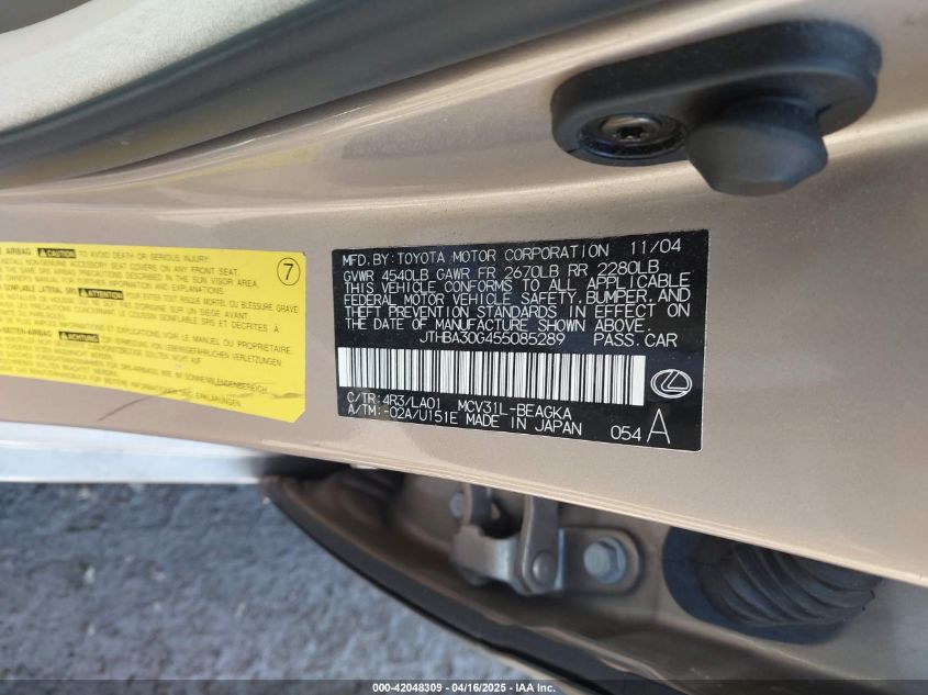 2005 Lexus Es 330 VIN: JTHBA30G455085289 Lot: 42048309