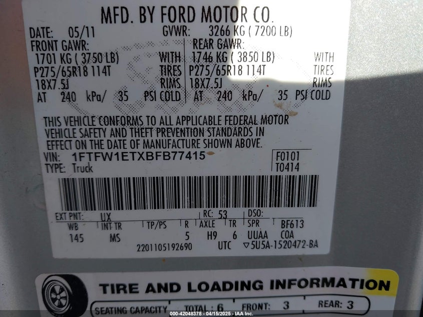 2011 FORD F-150 VIN: 1FTFW1ETXBFB77415