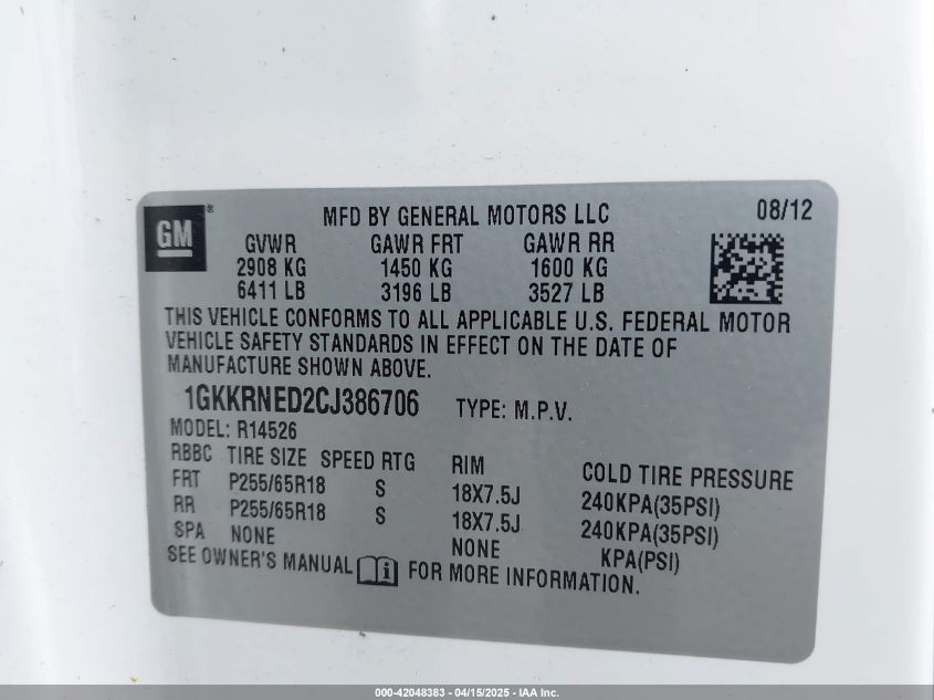 2012 GMC Acadia Sl VIN: 1GKKRNED2CJ386706 Lot: 42048383