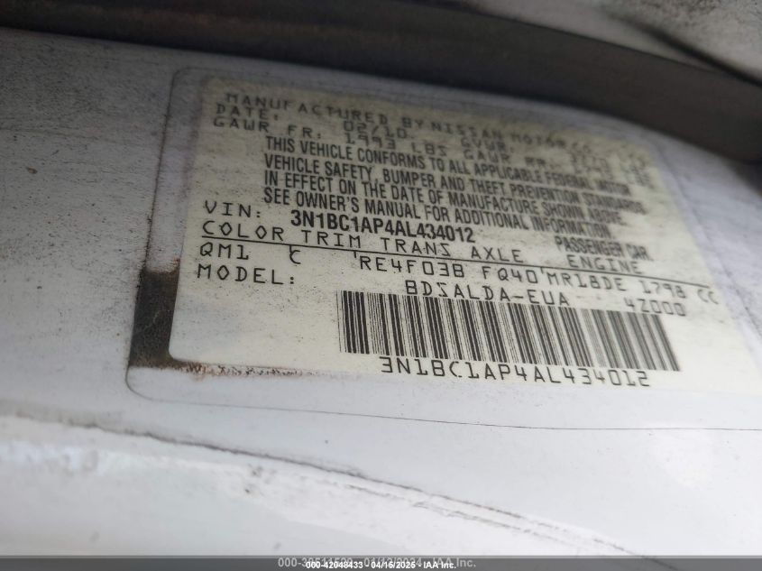 2010 Nissan Versa 1.8S VIN: 3N1BC1AP4AL434012 Lot: 42048433