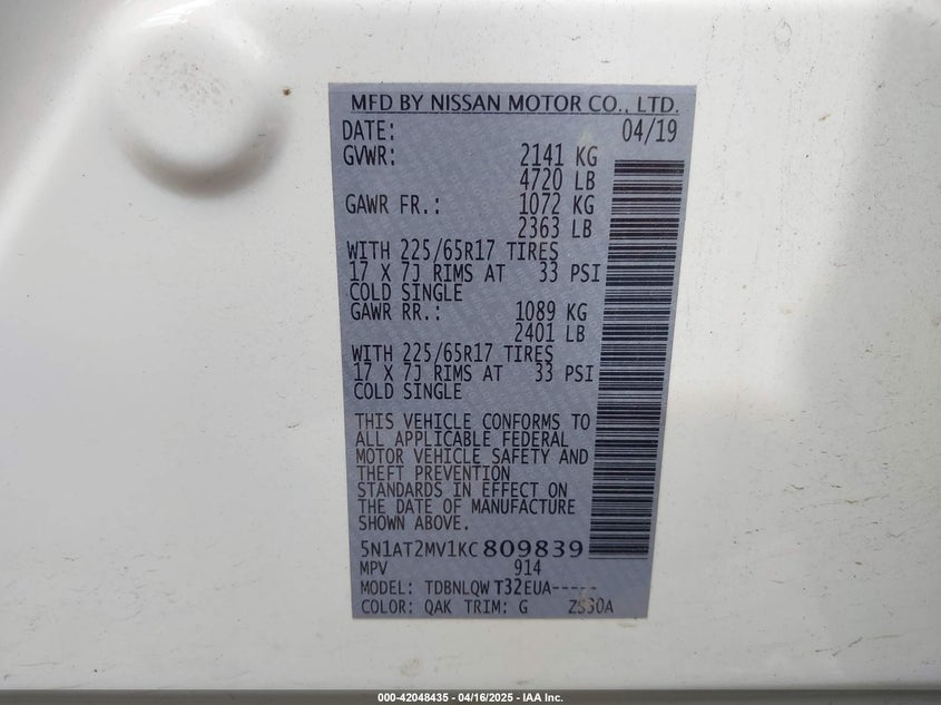 VIN 5N1AT2MV1KC809839 2019 NISSAN ROGUE SV