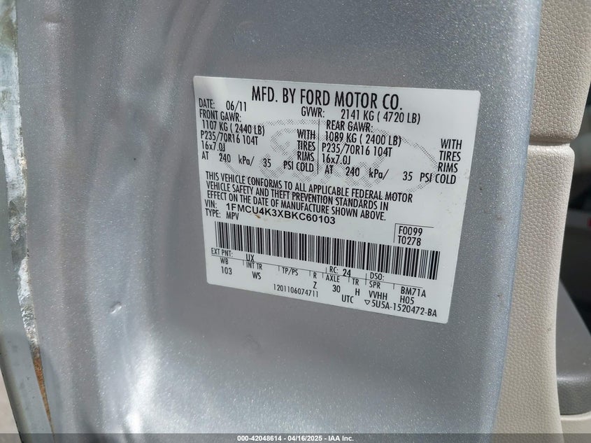 2011 FORD ESCAPE VIN: 1FMCU4K3XBKC60103