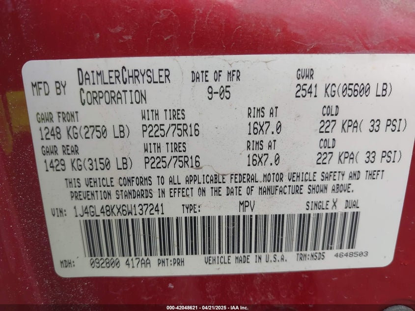 2006 JEEP LIBERTY VIN: 1J4GL48KX6W137241