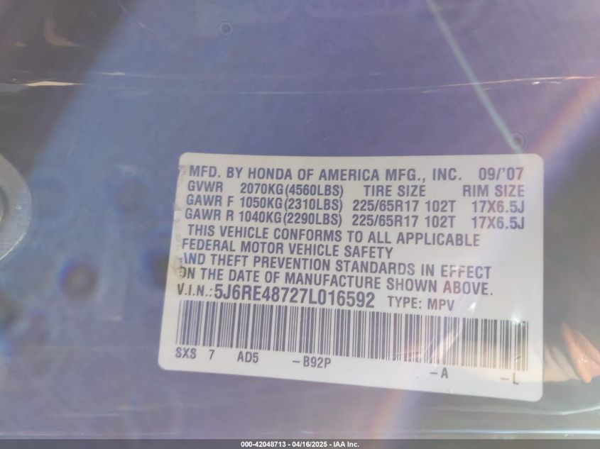 2007 Honda Cr-V Ex-L VIN: 5J6RE48727L016592 Lot: 42048713