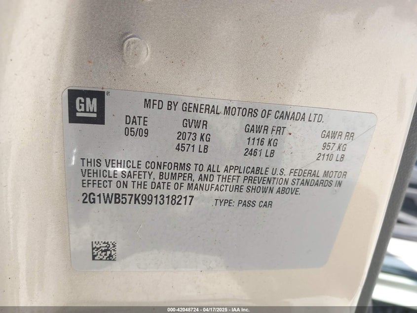 2009 CHEVROLET IMPALA VIN: 2G1WB57K991318217