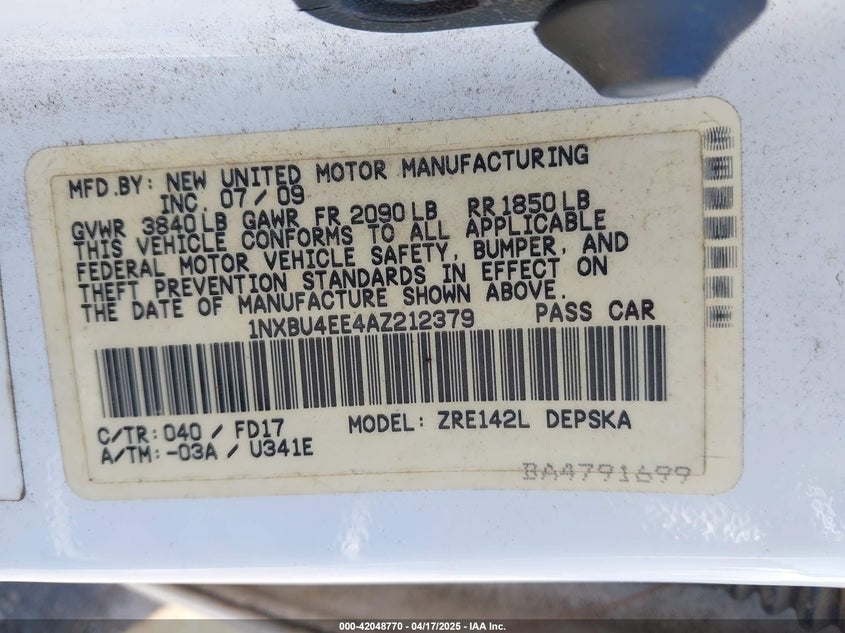 2010 TOYOTA COROLLA VIN: 1NXBU4EE4AZ212379