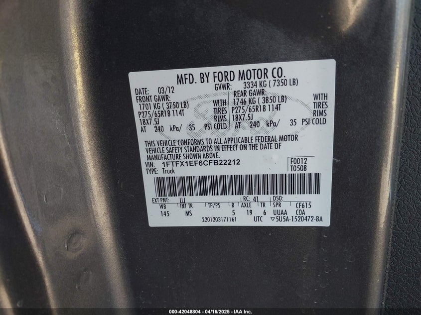 2012 FORD F150 VIN: 1FTFX1EF6CFB22212