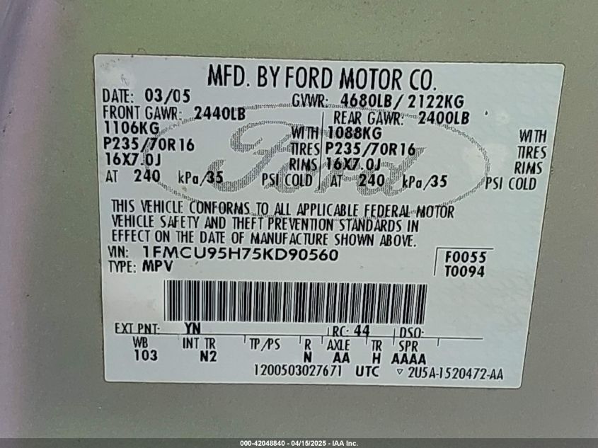 2005 Ford Escape Hybrid VIN: 1FMCU95H75KD90560 Lot: 42048840