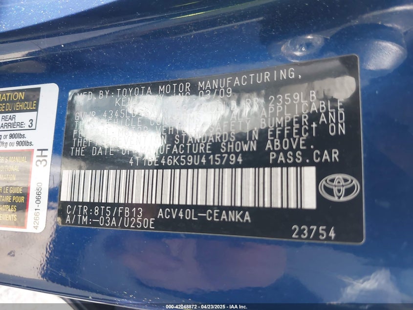 2009 TOYOTA CAMRY VIN: 4T1BE46K59U415794