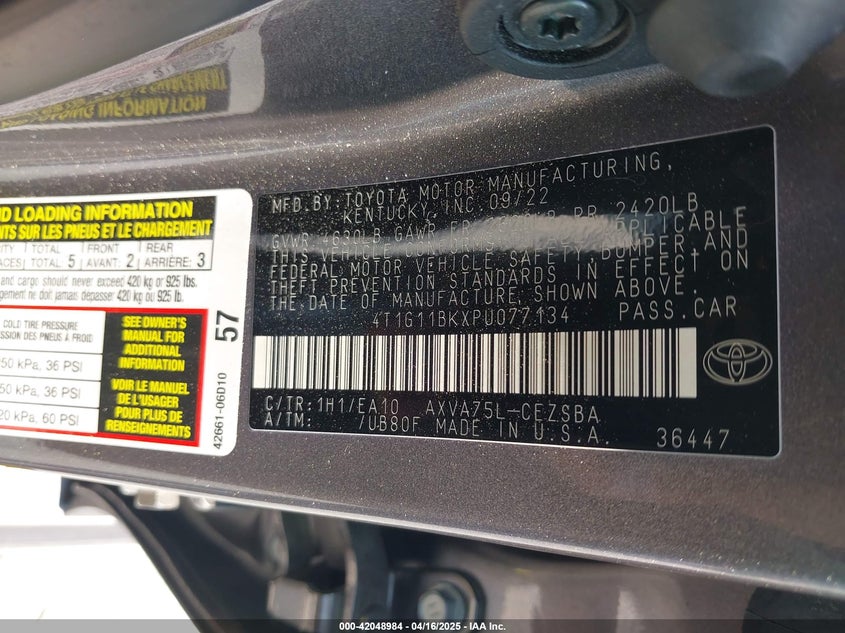 2023 TOYOTA CAMRY VIN: 4T1G11BKXPU077134
