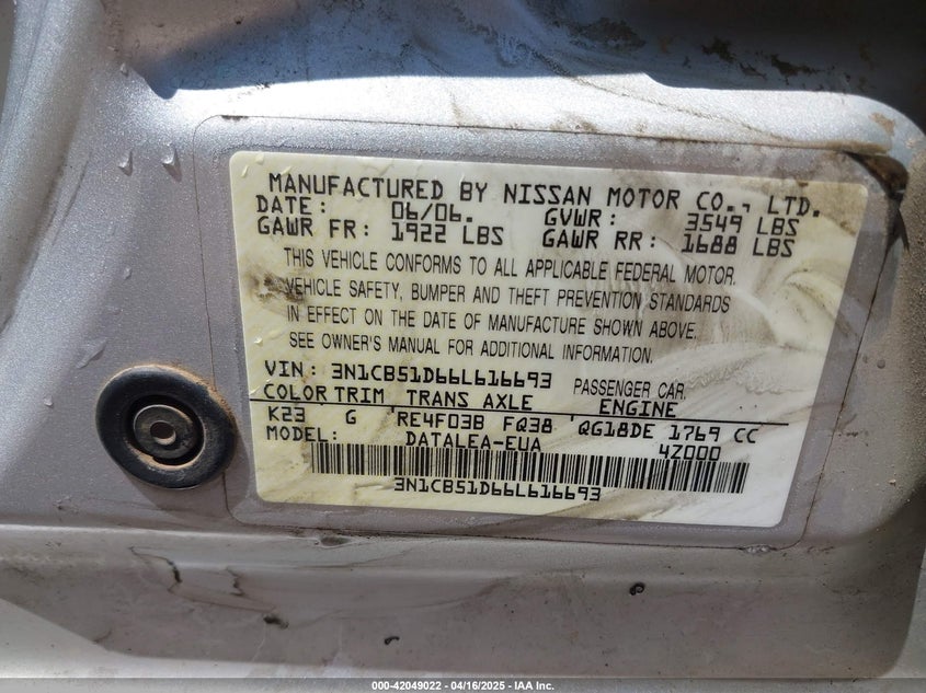2006 NISSAN SENTRA VIN: 3N1CB51D66L616693